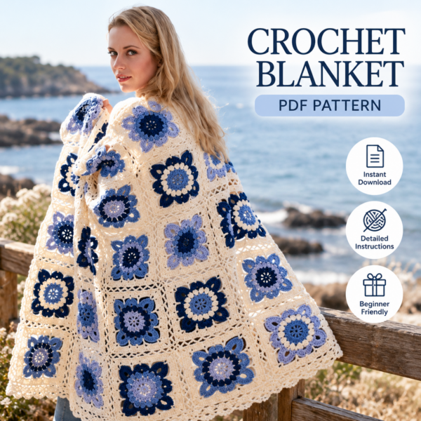 Coastal Blue Crochet Blanket Pattern Floral Granny Square Crochet Blanket Pattern PDF – Blue & White Throw