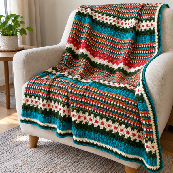 Colorful Crocheted Blanket on Armchair Merry Christmas Crochet Blanket Pattern PDF – Colorful Christmas Throw