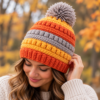Cozy Autumn Beanie Portrait Autumn Beanie Crochet Pattern PDF – Colorful Pom Pom Hat, Fall Crochet Design