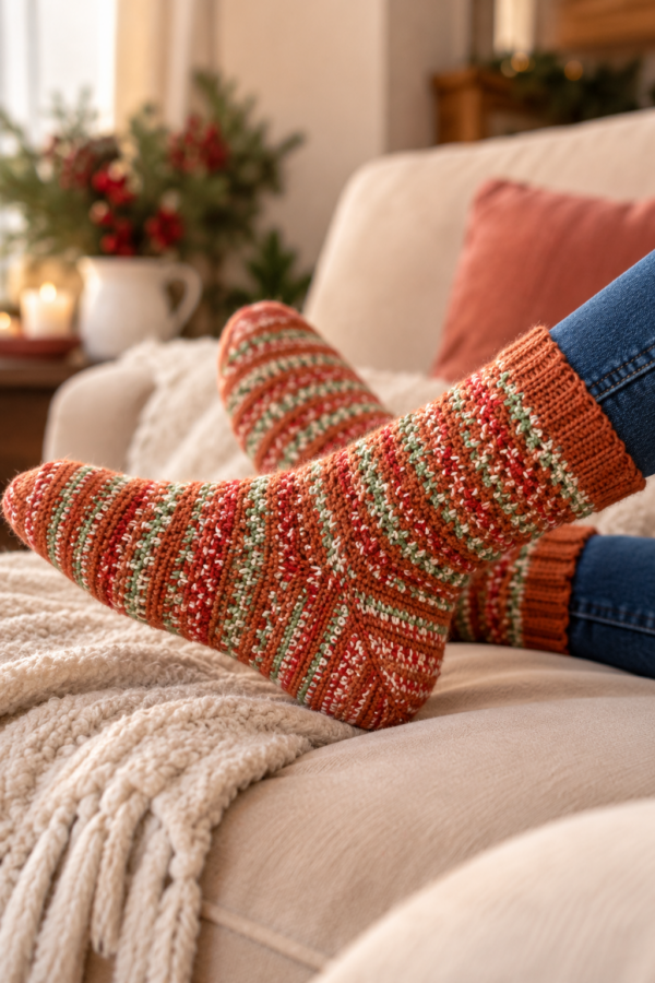 Cozy Hand-Knit Socks by Candlelight-4 Christmas Crochet Socks 2026 – Digital PDF Pattern