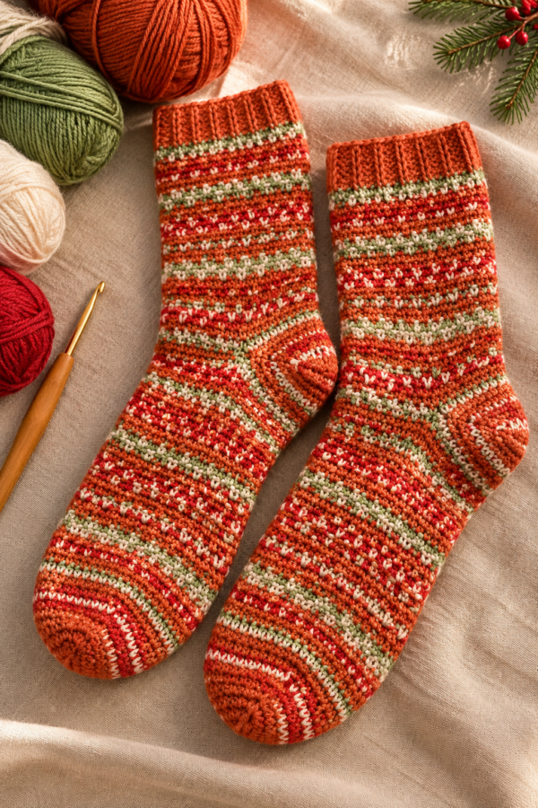 Cozy Handmade Crochet Socks Flatlay-5 Christmas Crochet Socks 2026 – Digital PDF Pattern