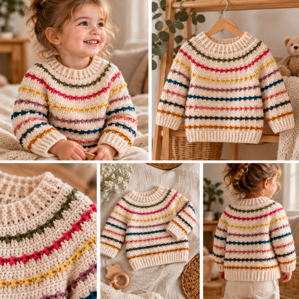 Rainbow Sweater Crochet Pattern PDF – Colorful Kids Sweater, Baby to 10 Years