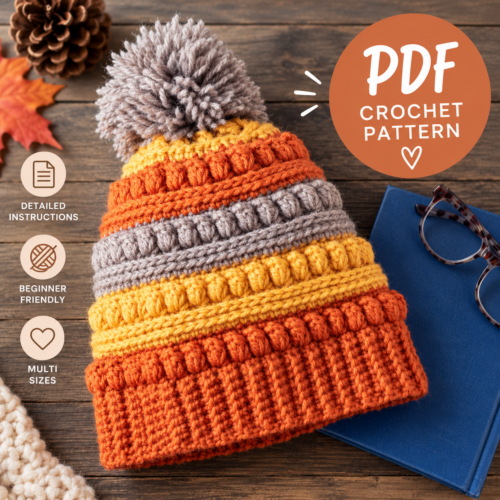Autumn Beanie Crochet Pattern PDF – Colorful Pom Pom Hat, Fall Crochet Design