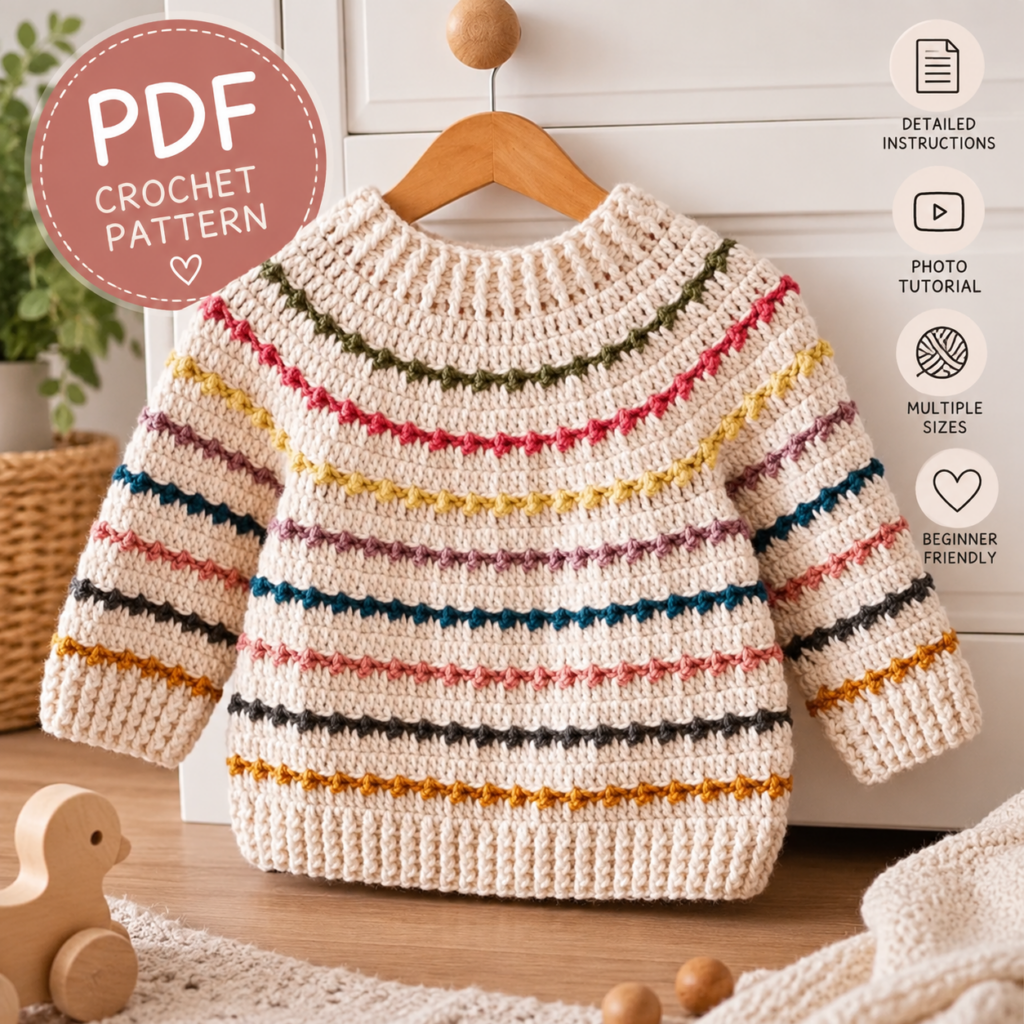 Rainbow Sweater Crochet Pattern PDF – Colorful Kids Sweater, Baby to 10 Years