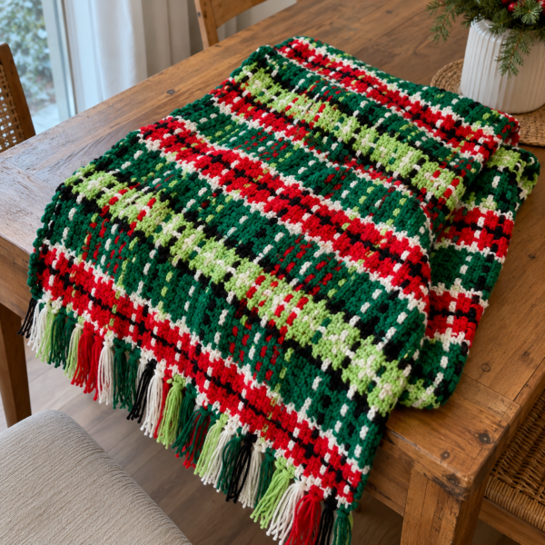Christmas Woven-Style Crochet Blanket Pattern PDF – Festive Red & Green Throw