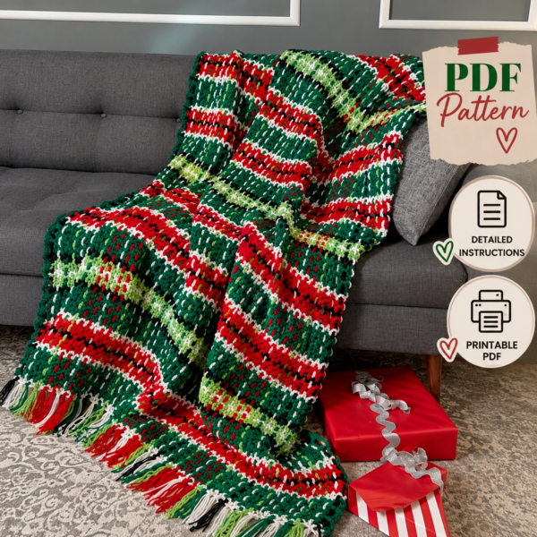 Christmas Woven-Style Crochet Blanket Pattern PDF – Festive Red & Green Throw