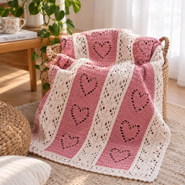Pink Crochet Blanket in a Cozy Home Hearts & Diamonds Crochet Throw Pattern PDF – Romantic Textured Blanket