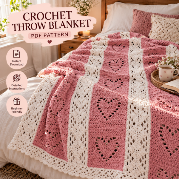 Romantic Crochet Heart Throw Pattern Hearts & Diamonds Crochet Throw Pattern PDF – Romantic Textured Blanket