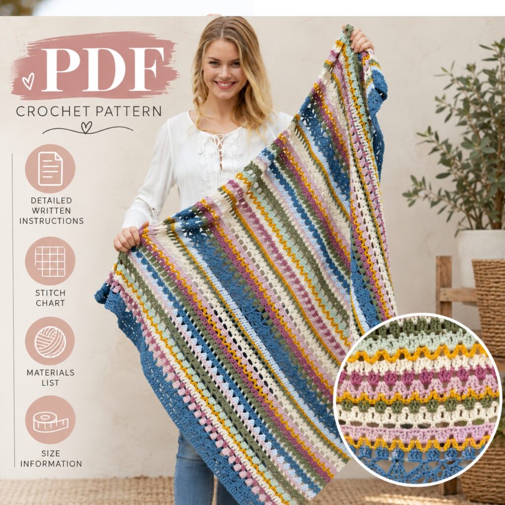 Crochet Blanket With Stripes and Lace Pattern PDF